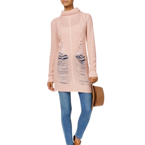 Derek Heart Chestnut Brown Distressed Cable Knit Turtleneck Pullover Sweater - Picture 3 of 7